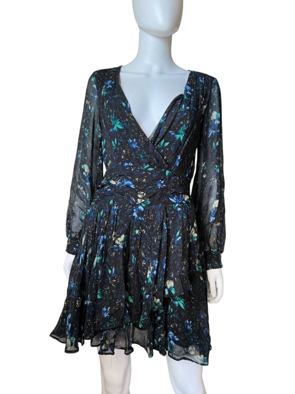Anthropologie Ruched Floral Mini Dress Blue Green Small NEW